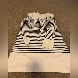 Anthropologie navy and white striped sweater dress with pink buttons on neck